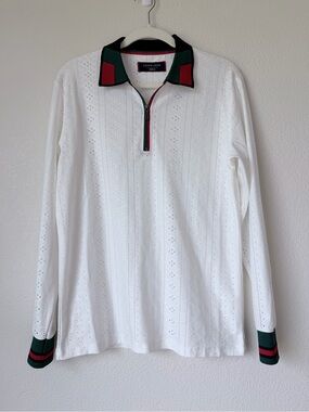 Azaro Uomo Eyelet Knit Quarter Zip Polo White Red Green Unisex Size S
